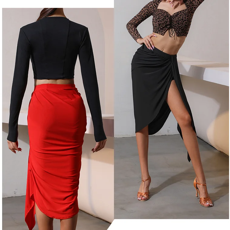 Latin Dance Skirt Tango Salsa Cha Cha Rumba Samba Wear Women Latin Dancing Practice Clothing Black Sexy Split Skirts in stock