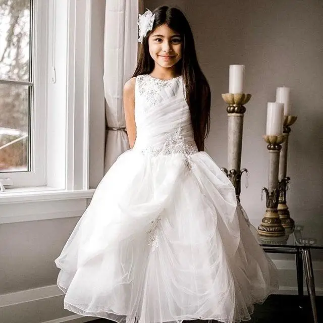 Flower Girl Dresses Lace Applique Tulle One Word collar Half Sleeve Girl First Communion Princess Party Dresses