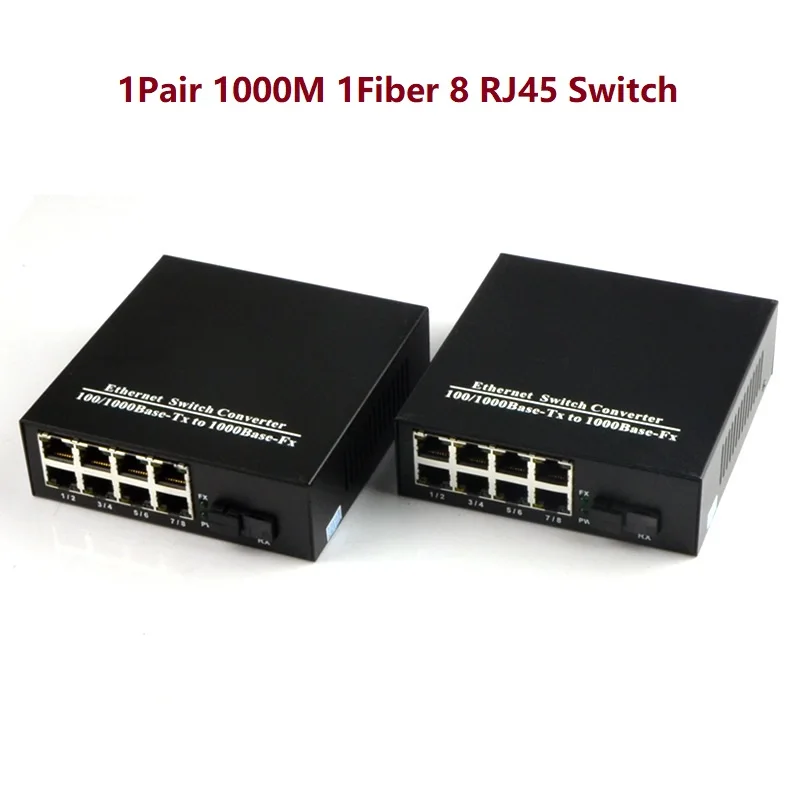 

1000M 1 pair 1 Fiber port Optical Media Converter Single Mode 20KM 8 RJ45 ports Fibre Optical Transceiver