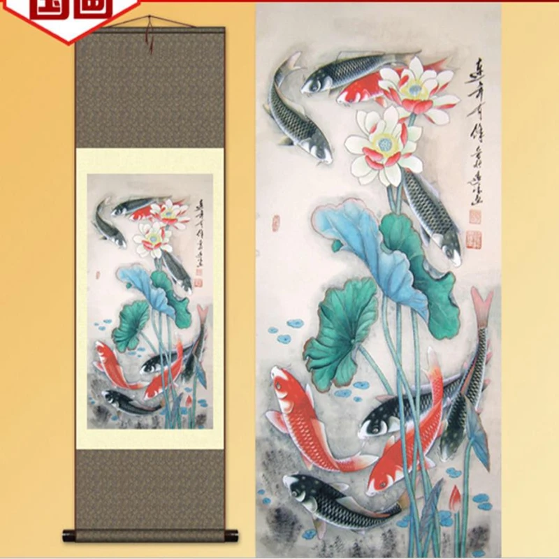 

1pc Traditional Home/Office Decoration China Silk Scroll Painting Fish Lotus Gongbi Painting S155