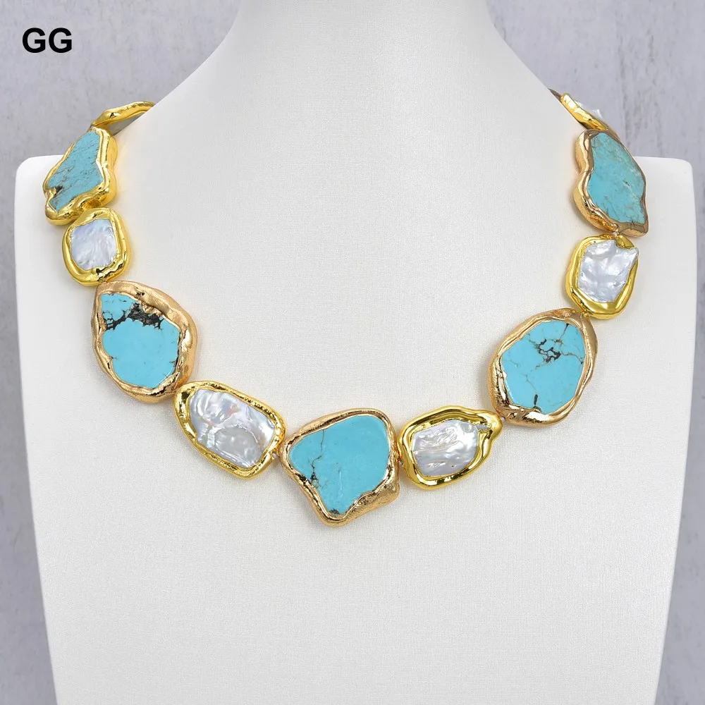 GuaiGuai Jewelry Cultured White Keshi Pearl Blue Turquoise With Gold Plated Necklace 20