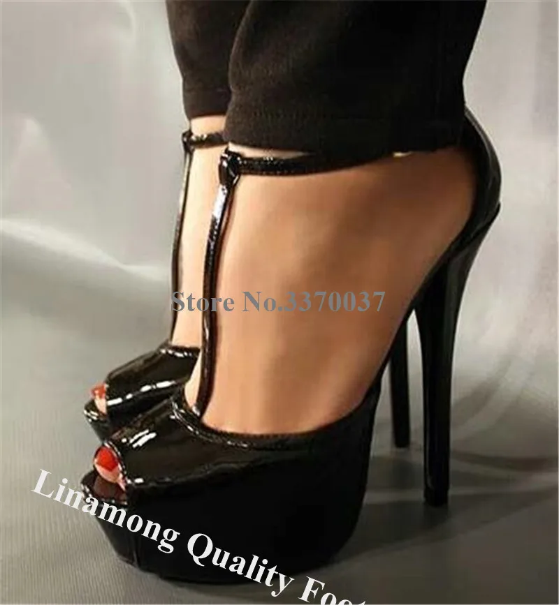 Linamong Newest Fashion Peep Toe Patent Leather Stiletto Heel Pumps Red Black High Platform T-strap High Heels Formal Dress Shoe