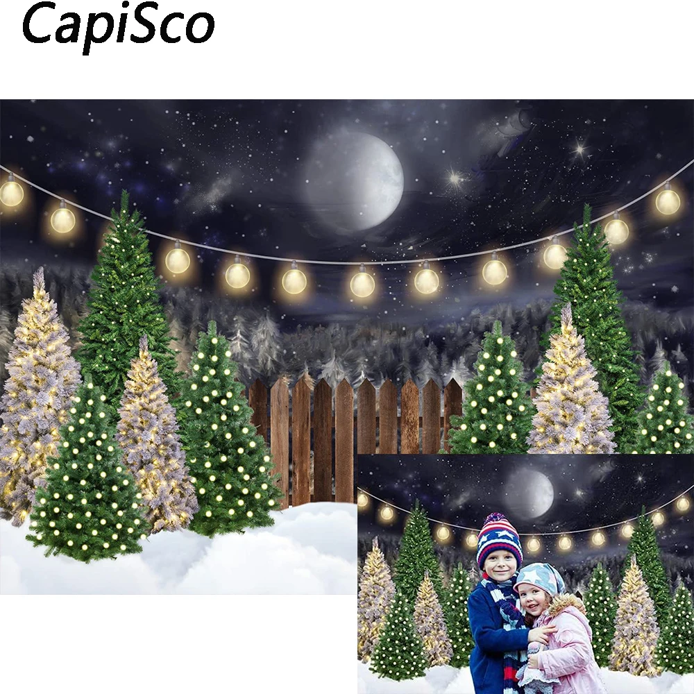 

Capisco Merry Christmas Backdrop Snow Scene Xmas Trees Snowfield Background Rustic Wooden Fence Child Birthday Photo Studio