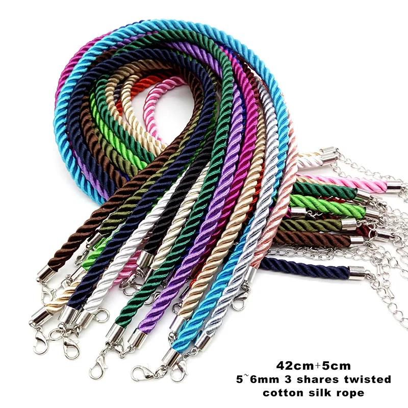 3 Pcs /Lot 6mm 3 Shares Twisted Silk Cord Necklace Adjustable Multicolor Rope Chain Choker Pendant Charms Findings Lobster Clasp