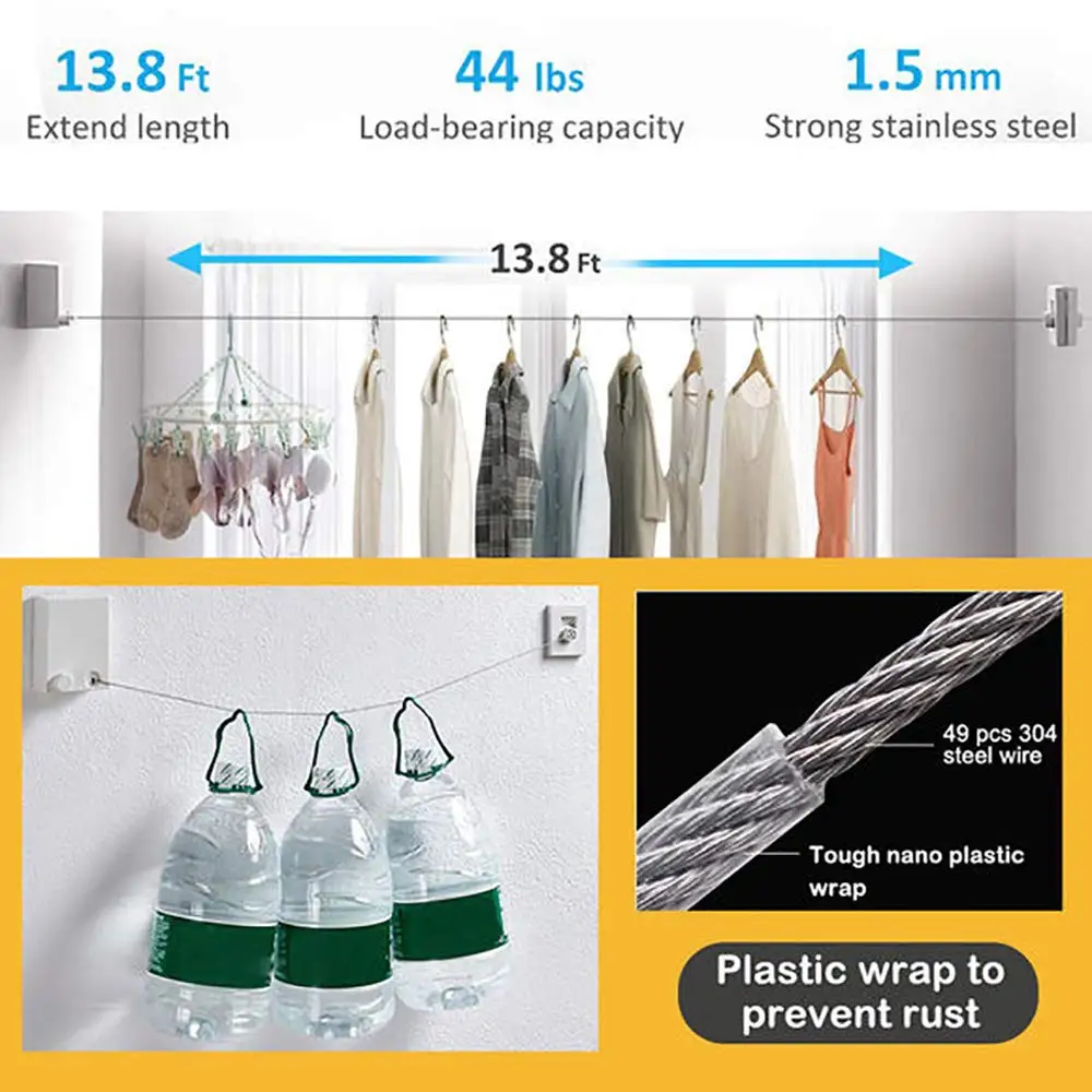 Creative Outdoor Clothes rack Indoor Retractable Clothesline Rope Telescopic Stainless String Laundry Hangers Wall Drying Rack