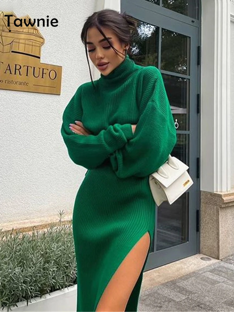 

Tawnie 2024 Knitted Midi Skirt Dress Set Women Matching Set Casual Turtleneck Sweater Top and Split Skirts Winter Two Piece Set