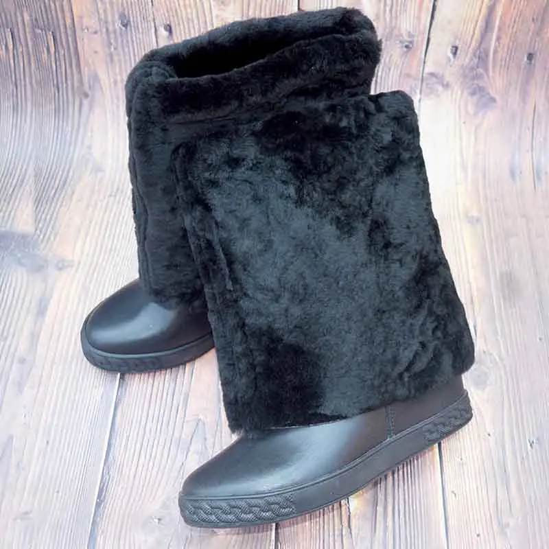 Warm Winter Snow Boots Women Wool Fur Cow Leather One Piece Med Calf Boots Height Increasing Round toe Slip on Fur Botas