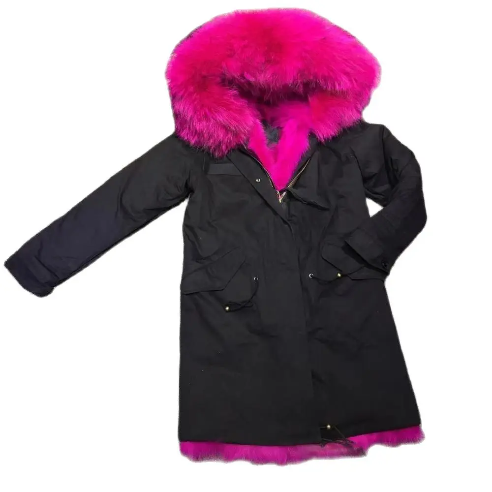 New Arrival Winter Women Coat Bright Rose Red Lined Parka Long Style Warm Fox Fur Clothing