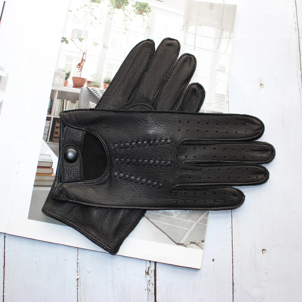 Men\'s Deerskin Thin Single Skinless Fashion New Locomotive Spring And Summer Autumn Driving Full Finger Genuine Leather Gloves