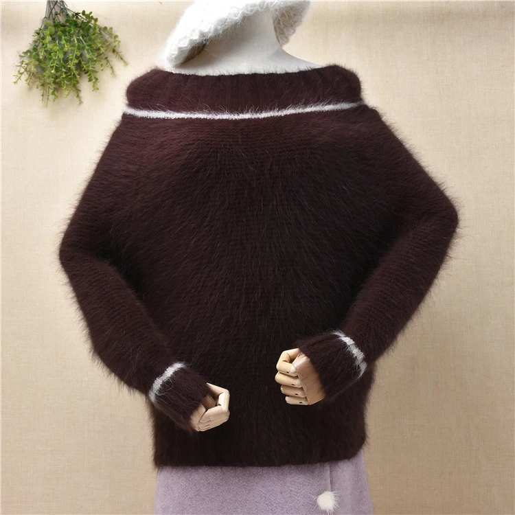 

female women fashion hairy autumn winter mink cashmere knitted slash neck loose pullover angora fur jumper sweater pull tops