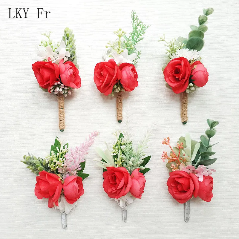 LKY Fr Boutonniere Flowers Wedding Corsage Pins White Pink Groom Boutonniere Buttonhole Men Wedding Witness Marriage Accessories