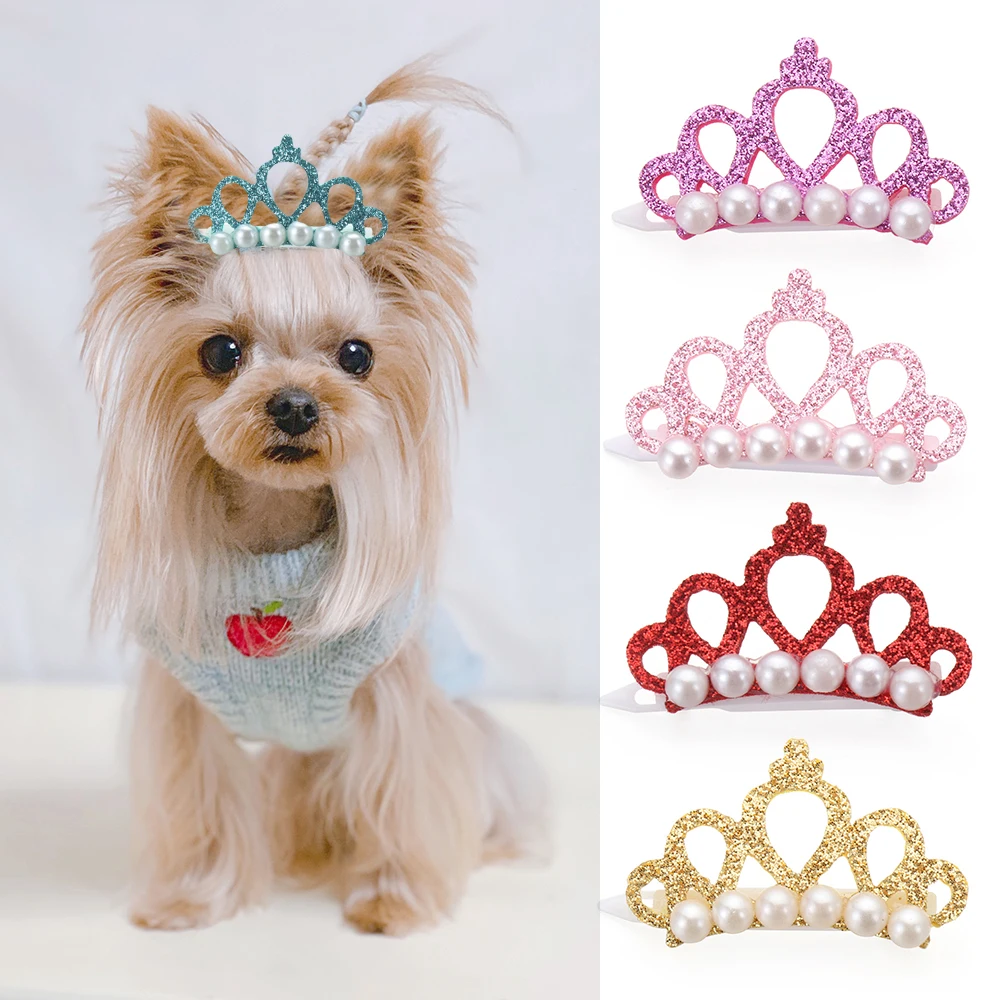 1PC Small Dog Bowknot Faux Pearl Crown Shape Bows Hair Clips Bow Cute Head Decoration Handmade Cat Pet Grooming Accessories