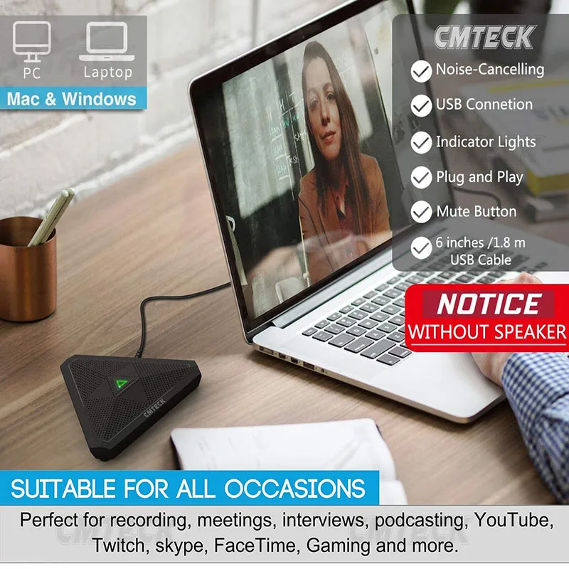 USB-микрофон для конференц-связи, настольный компьютерный микрофон CM001, беззвучная кнопка с индикатором светодиодный, многонаправленная конденсаторная микро-граница