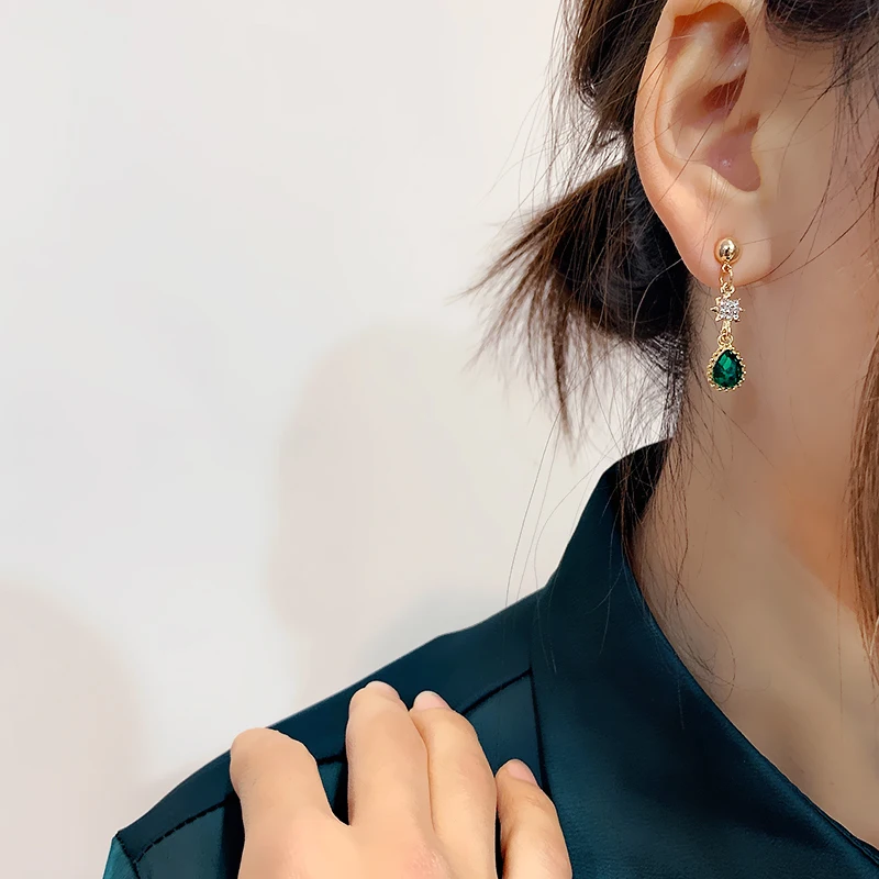 Korean Retro Resin Water Drop Green Stone Clip Earrings Temperament Six-pointed Star Rhinestone Non-pierced Clip On Earrings