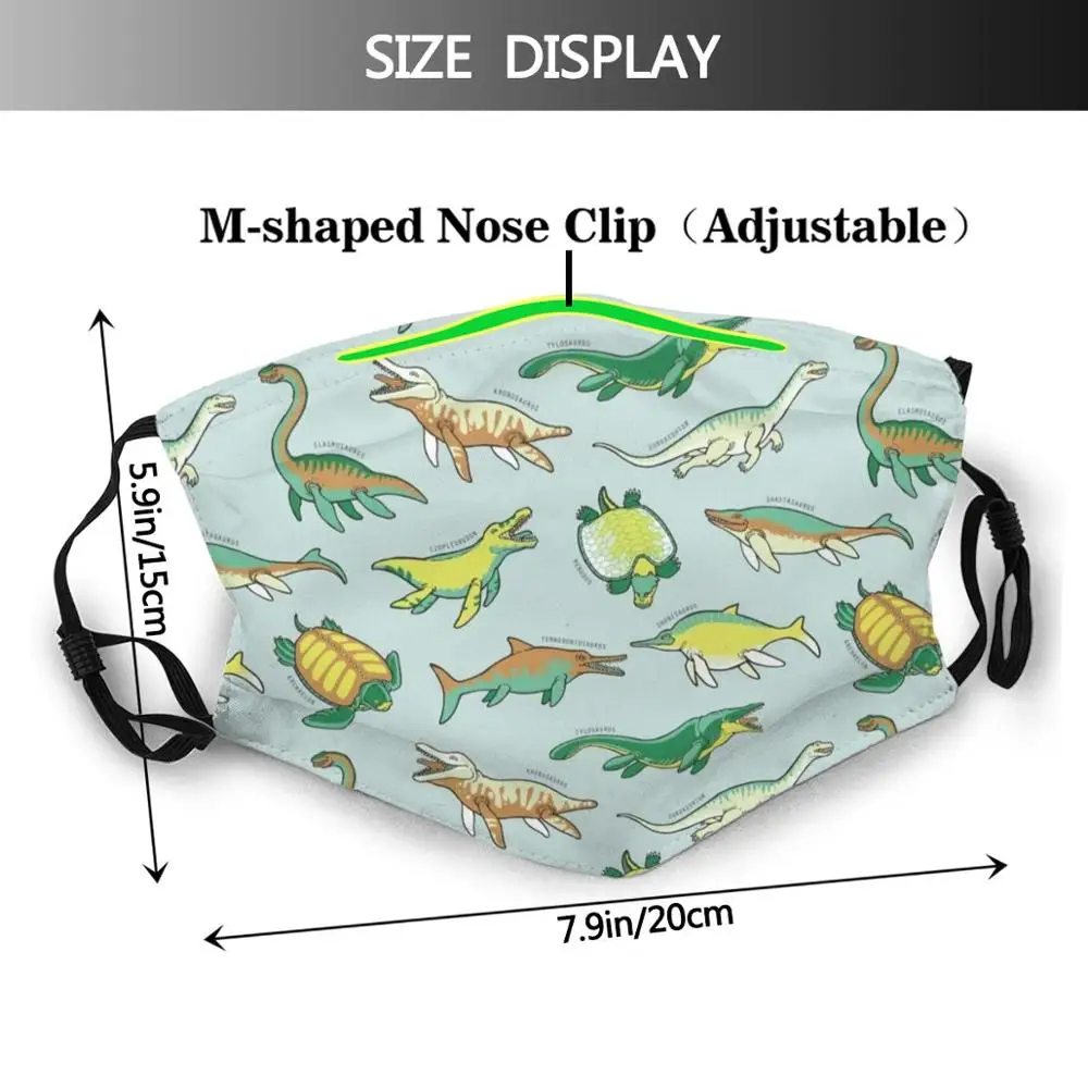 Masque facial réutilisable pour reptiles marins préhistoriques, impression drôle, filtre Pm2.5, océan préhistorique, dinosaure reptile, géologie Kronosaurus