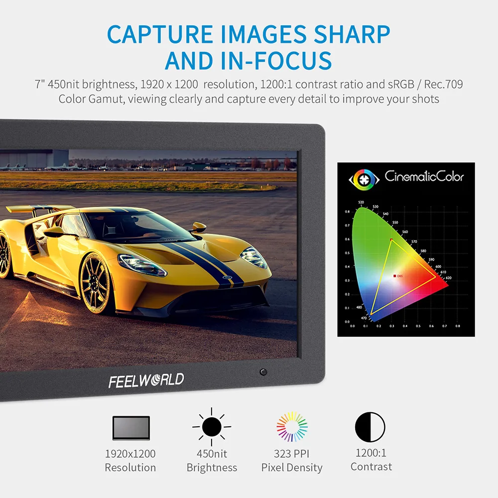 Feelworld T7 PLUS V2 7 Inch 3D LUT On Camera Field DSLR Monitor 4K HDMI Full HD 1920x1200 IPS  Waveform Vector Aluminum Housing