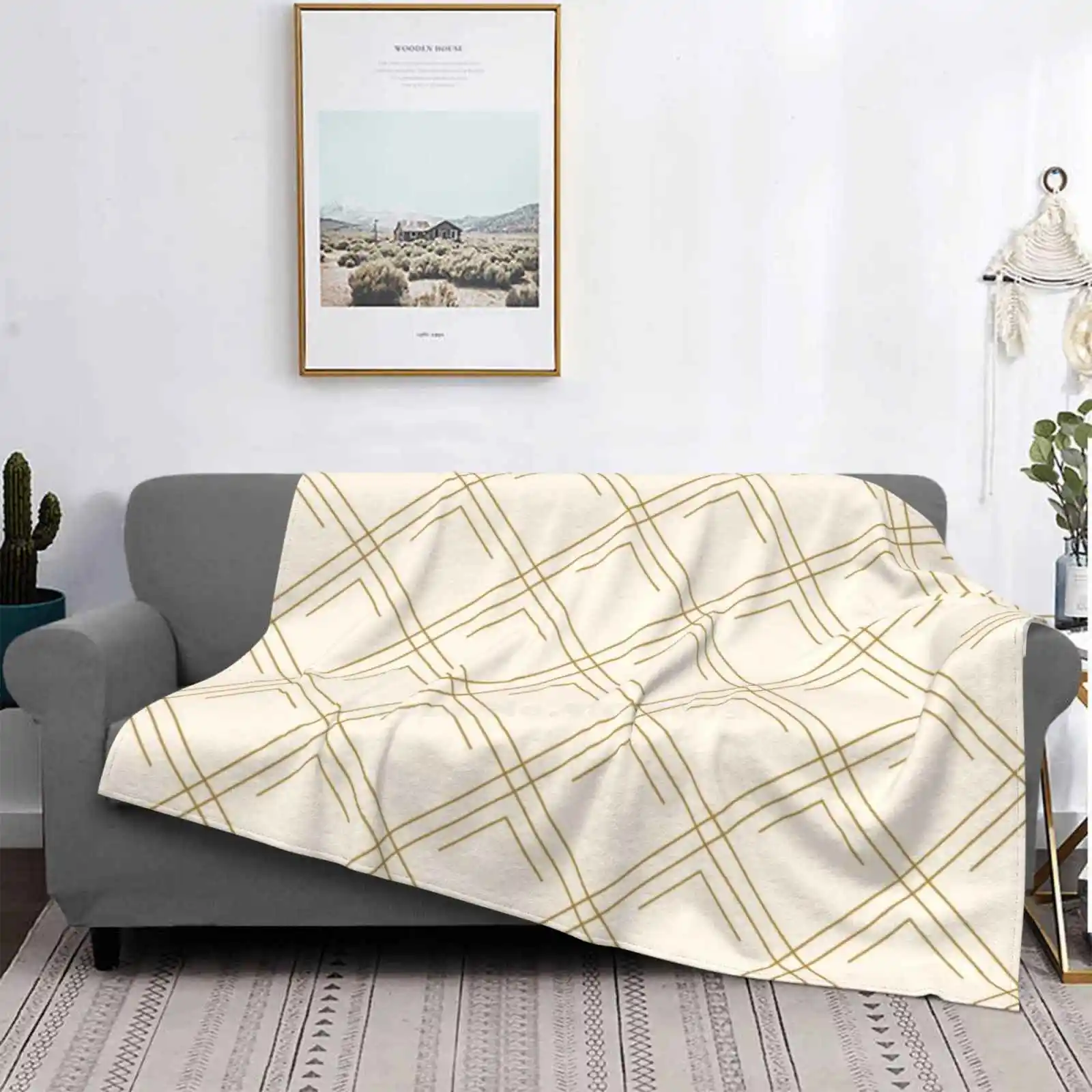 Gold Diagonal Lines Diamond Pattern - Eggshell Four Seasons Comfortable Warm Soft Throw Blanket Golden Eggshell Diagonal Arrow