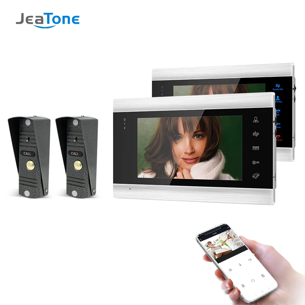 Jeatone 7-дюймовый беспроводной/умный IP-видеодомофон с Wi-Fi, система внутренней связи с 2 мониторами ночного видения и 2 водонепроницаемыми