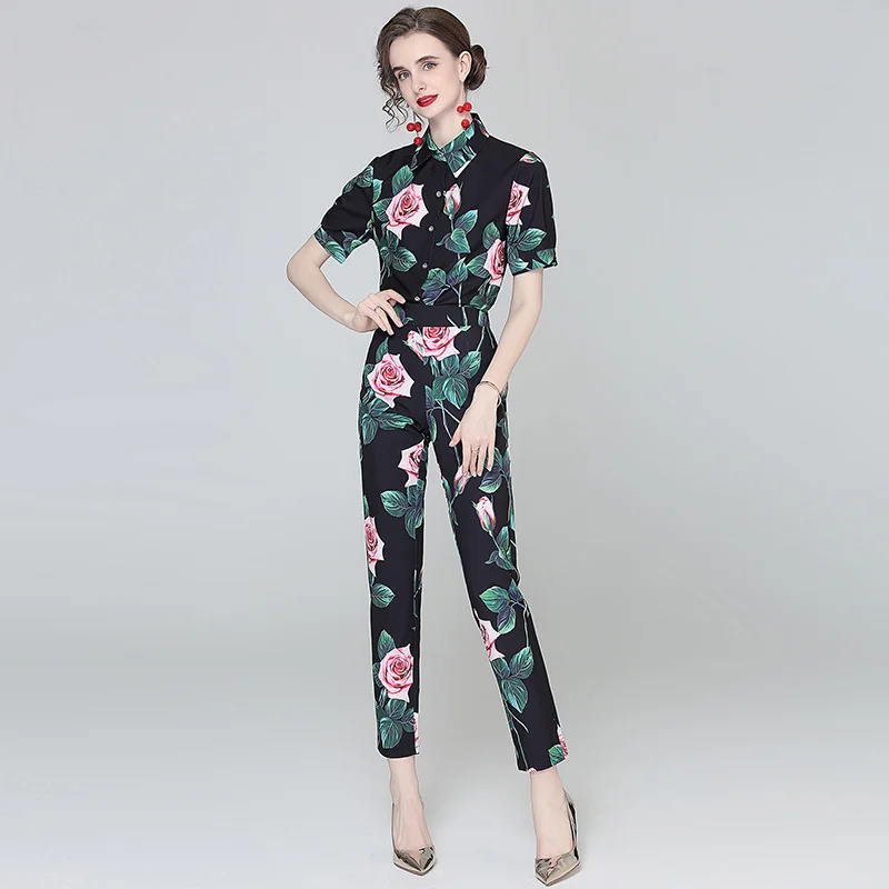 Fashion Summer Rose Flower Print Women 2 Piece Set Short Sleeve Single-Breasted Shirts Top + Hight Waist Slim Long Pants Suit