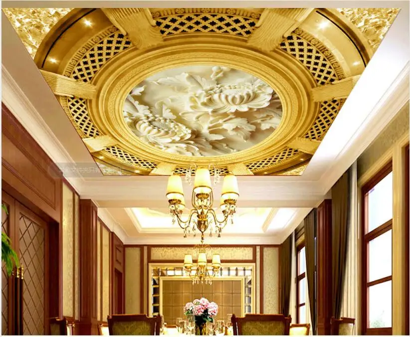 

Custom 3D Ceiling Mural Wallpaper European Style 3D Chinese jade carving ceilings mural