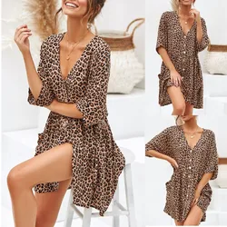 Women Dresses Loose Summer Sexy V Neck Leopard Boho Beach Dress Ruffle Short Sleeve Straight Mini Dress Sundress Robe vestidos