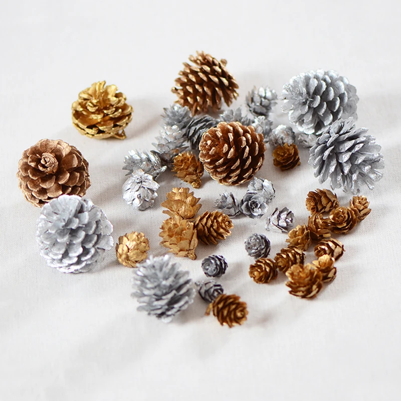 6/9pcs Artificial Plants Fake Pine Cone Gold Silver Pine Cones Wedding Christmas Wreath Decoration Pine Cone Ball Tree Party Gif