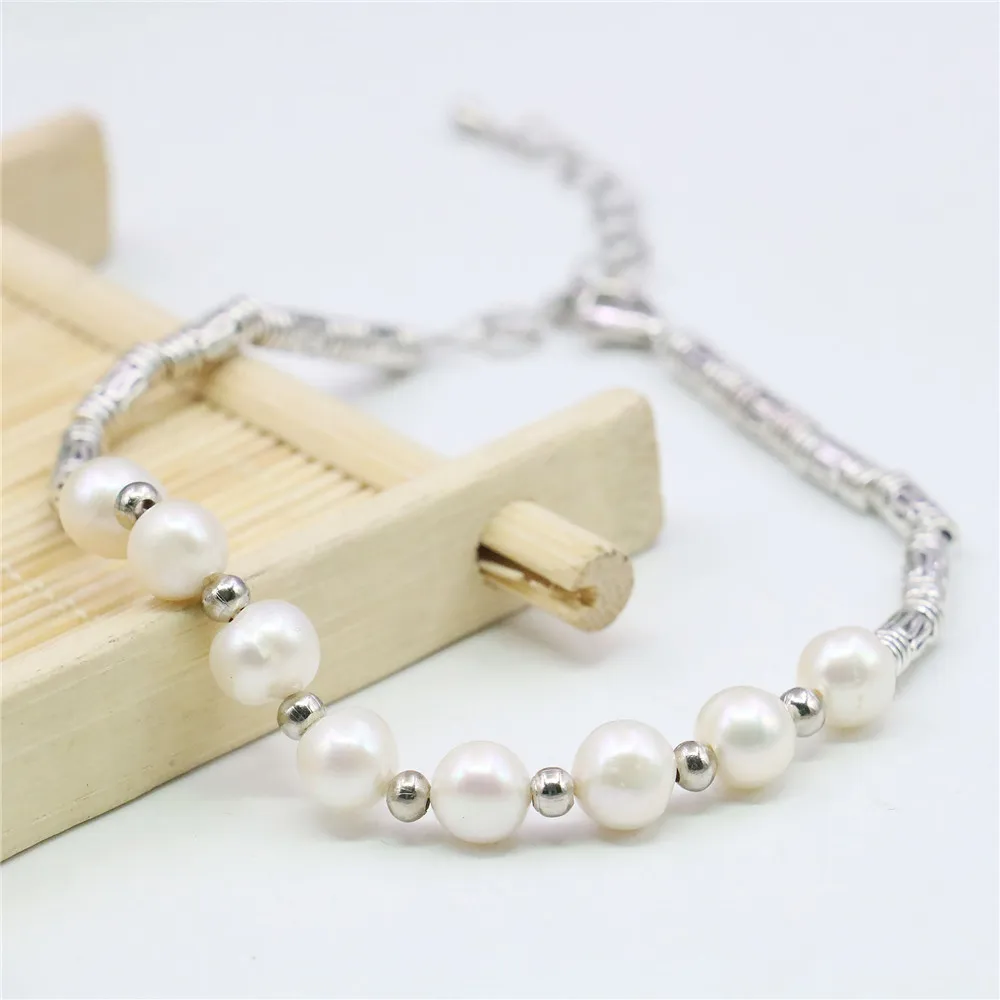 

7-8mm 100% Natural Freshwater Pearl Bracelet Near Round Hand Accessories Jewelry Making Design Alloy Septal Beads DIY Women Gift