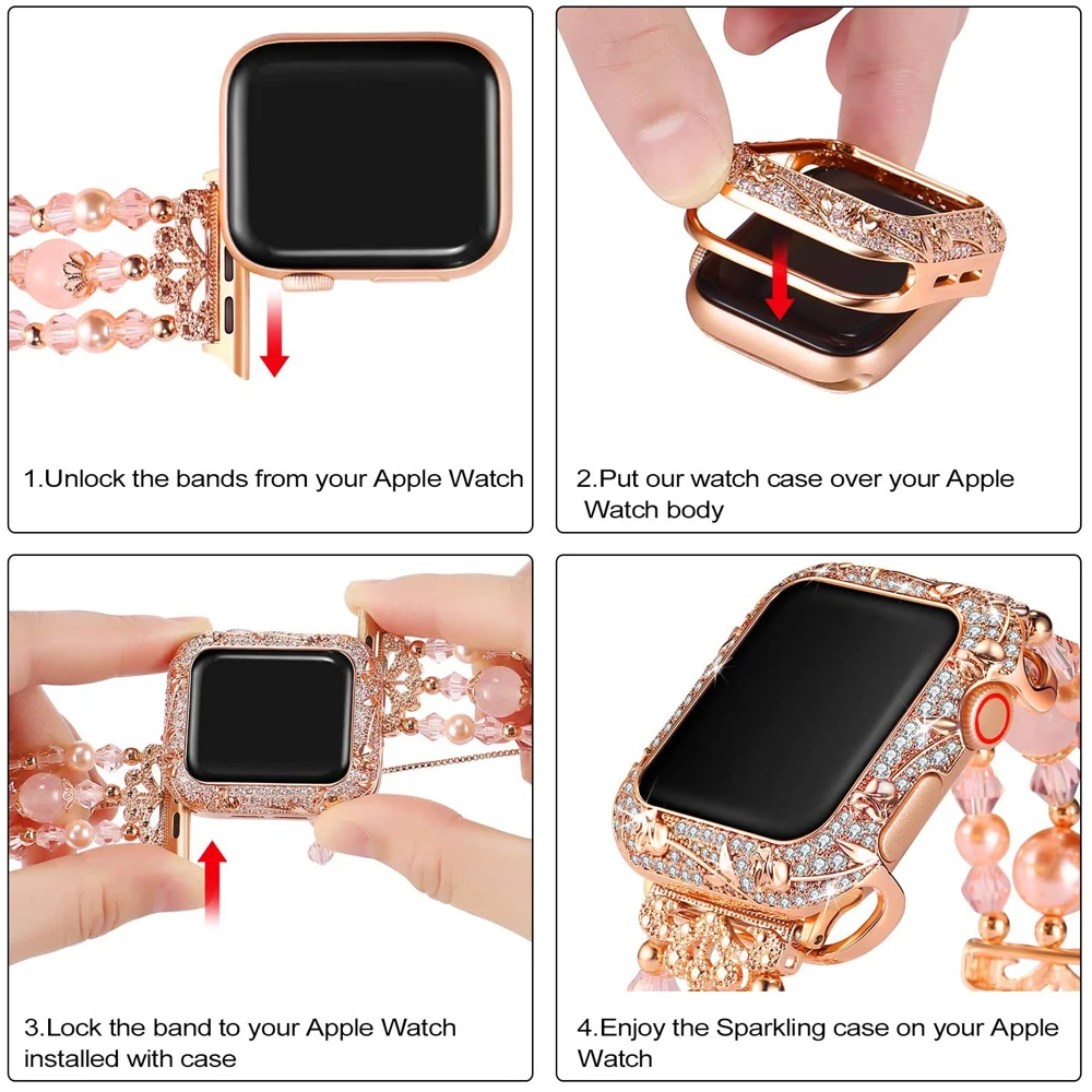 Luxury Metal Frame for Apple Watch Case Cover iWatch SE 6 5 4 3 Protective Protector Bling 40mm 44mm Stainless Silver for Women