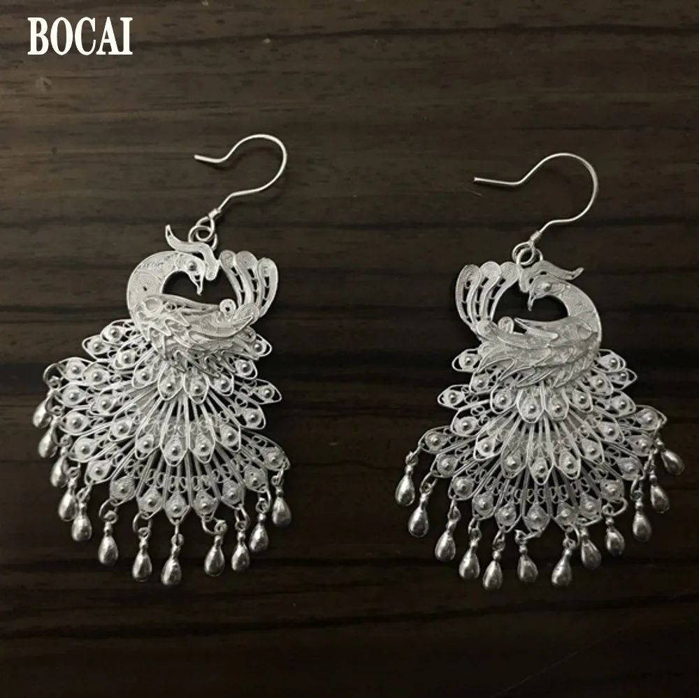 

BOCAI Новые однотонные S990 чистого серебра ювелирные изделия ручной работы матовый филигранные граненые феникс серьги в виде павлина индивидуальных в этническом стиле для женщин серьги