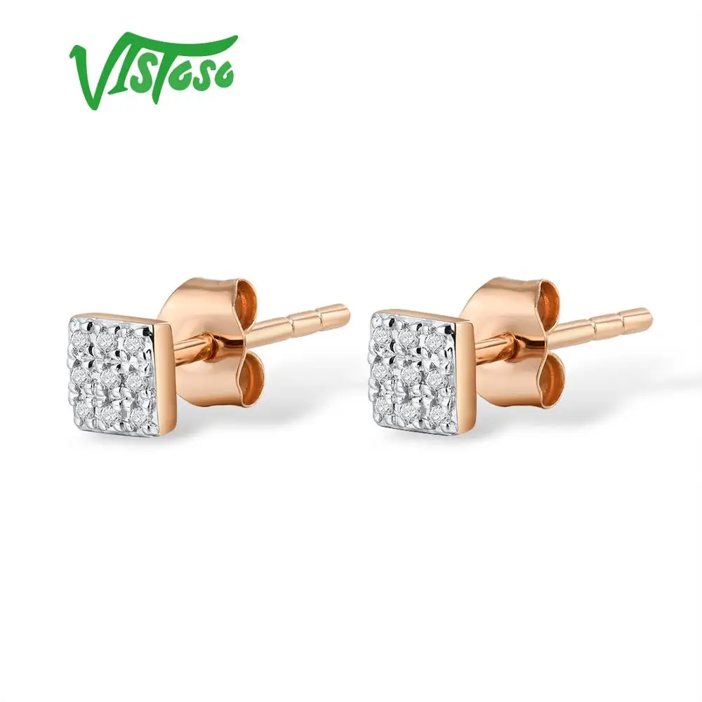 VISTOSO Gold Earrings For Women 14K 585 Rose White Gold Sparkling Diamond Dainty Round Cirle Stud Earrings Trendy Fine Jewelry