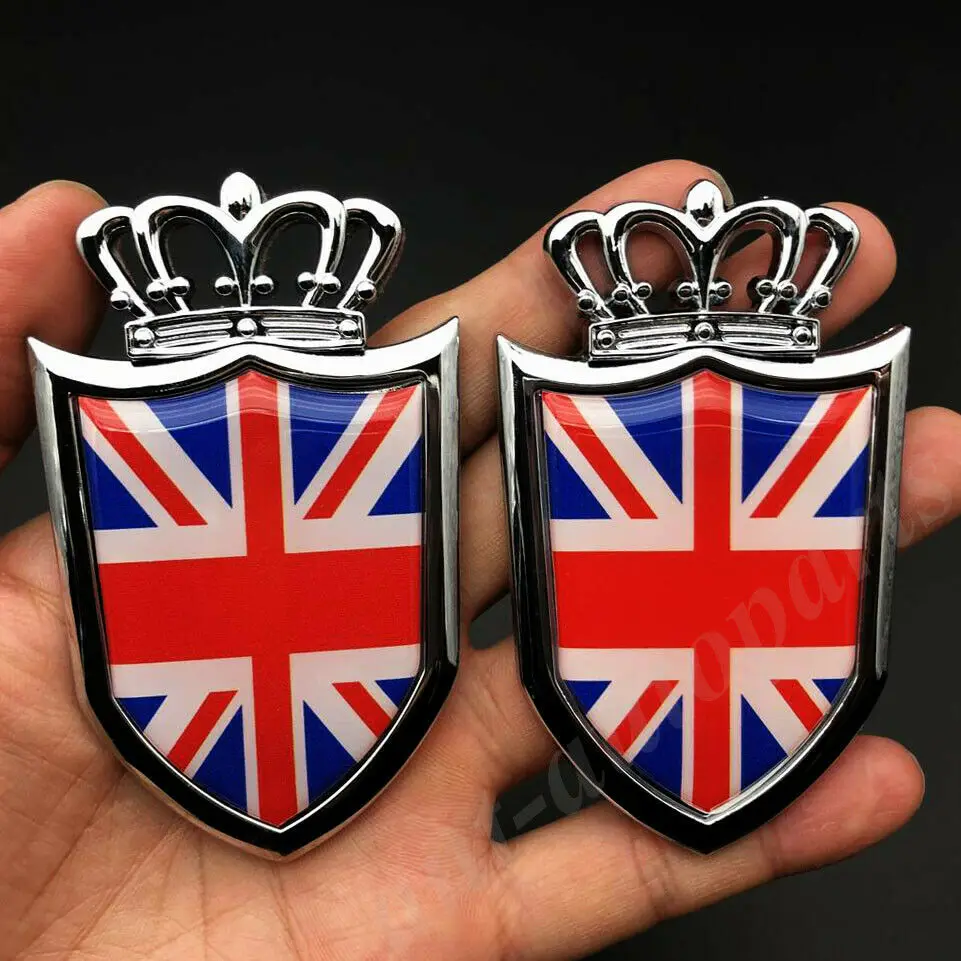 

2x Metal Chorme Union Jack UK Flag Crown Shield Car Emblem Badge Decal Sticker