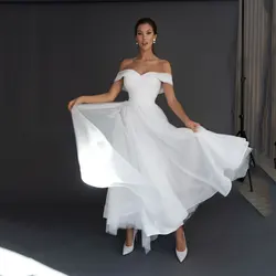 Charming Simple 2023 Bridal Wedding Dresses White Sweetheart Off Shoulder Sleeves Back Out  Gowns Ankle Length On Sale