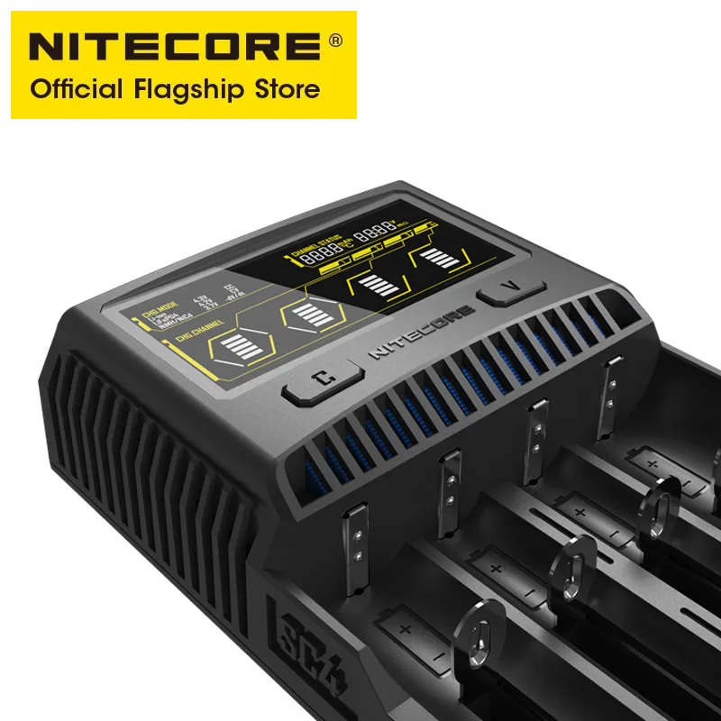 NITECORE-Chargeur de batterie intelligent SC4, quatre emplacements, charge rapide pour 18650 14450 16340 AA 24.com avec chargeur de voiture