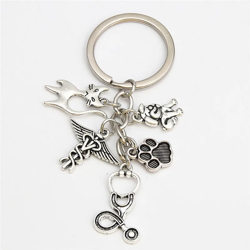 1pair Vet Keyring Stethoscope Animal Charms Animal Dog Cat Nurse Key Chains Veterinary Jewelry Gift E2180