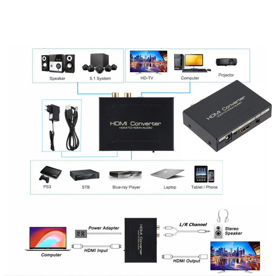 Grwibeou ekstraktor Audio konwerter na kompatybilny z HDMI SPDIF optyczny wspornik adaptera RCA 5.1CH Format wyjściowy rozdzielacz Audio HDMI