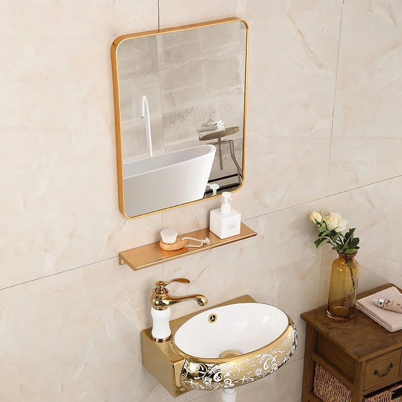 

Small Apartment Washbasin Wall Hanging Golden Bathroom Home European Style Wash Basin Mini Corner Wall-Hung Basin