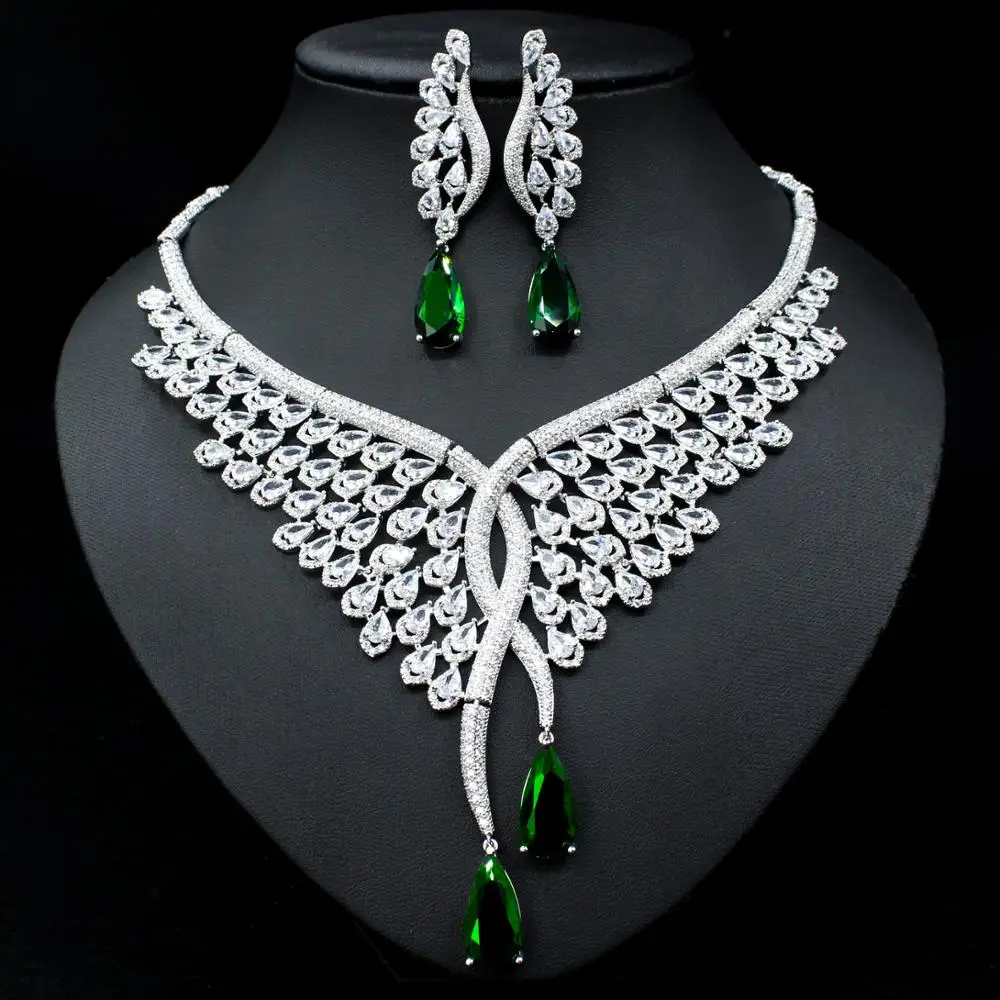 

2021 Hot sale New fashion vintage red green blue crystal water drop necklace earring set wedding party birthday jewelry