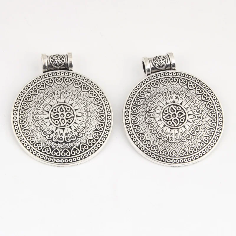 5pcs Silver Color 43x36mm Big Round Circle Charms Ethnic Style Pattern Pendant Fit DIY Jewelry Making Handcrafted Accessories