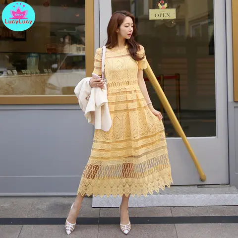 2021 summer new Korean temperament lace collar waist openwork lace big swing long   holiday dress female  Solid  Mesh