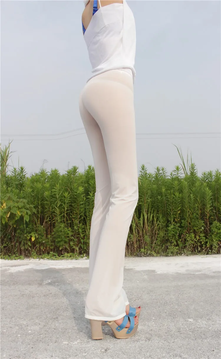 NEW Ice Silk Sexy See Through Capris Women Transparent Sheer Long Flare Casual  Shiny Glossy Pants Sexy Underwear Leggings