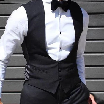 Black Men Vest for Wedding Groom One Piece Slim Fit Suit Waistcoat Solid Color Male Fashion Coat 3