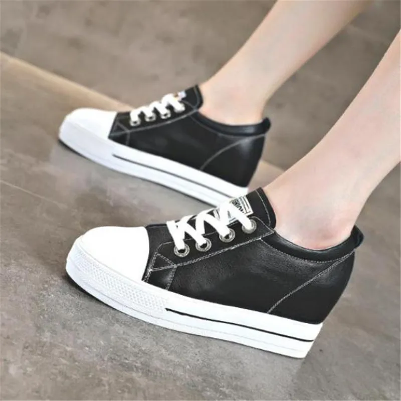 Women Leather Wedges Sneakers Woman Lace-up High heel Platform Shoes Female Height increase Casual Shoes