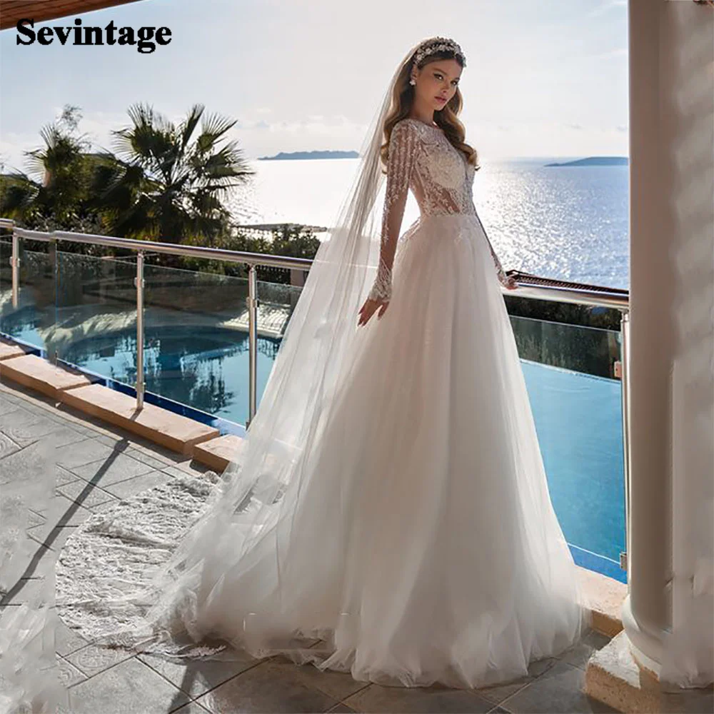 Sevintage – robe de mariée de forme trapèze, luxueuse tenue de soirée, col rond, manches longues, avec des appliques en dentelle, 2021