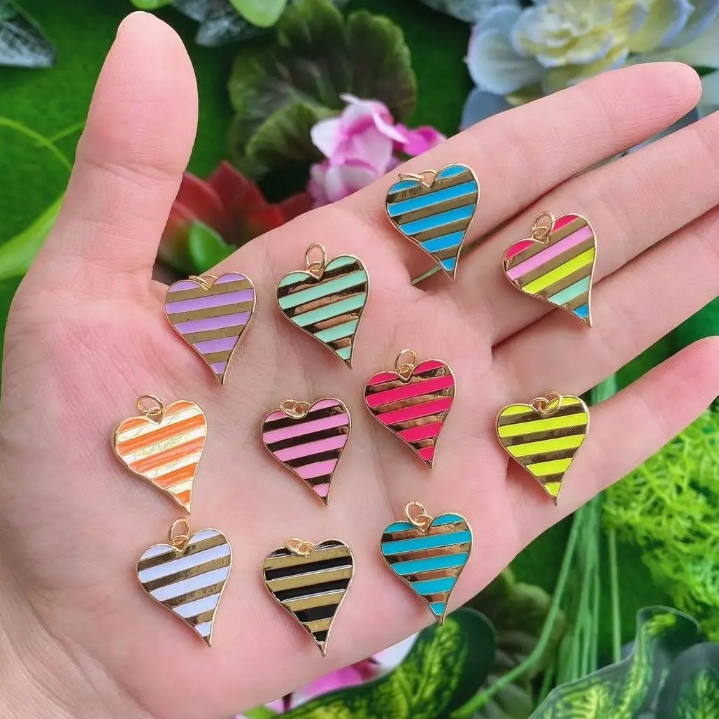 10Pcs Dripping Oil Heart Charm For Women Gold Plated Enamel Strip Heart Shape Rainbow Charms Pendants Jewelry Popular