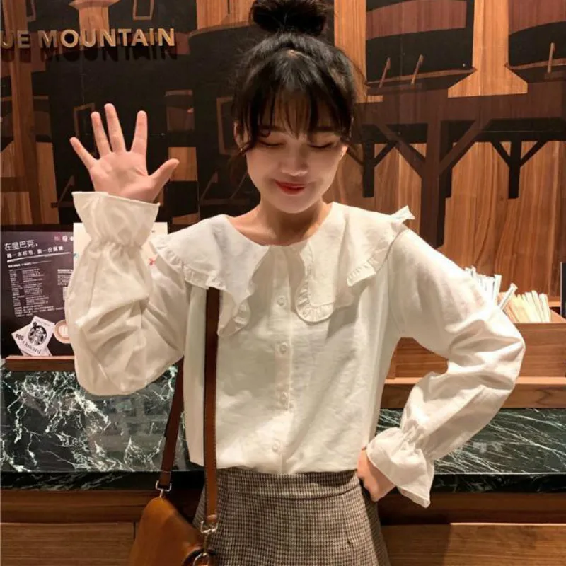 Shirts Women Peter Pan Collar Flare Sleeve Solid Minimalist Ladies Clothing Student Lovely Fashion Casual Loose Korean Style New