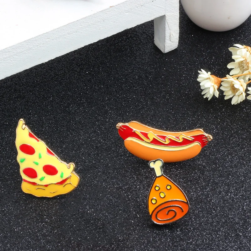 Cute Food Brooch Enamel Pins French fries Egg Burgers Pizza icon badge jacket Backpack Lapel Metal Pin Kids Female Jewelry Gift