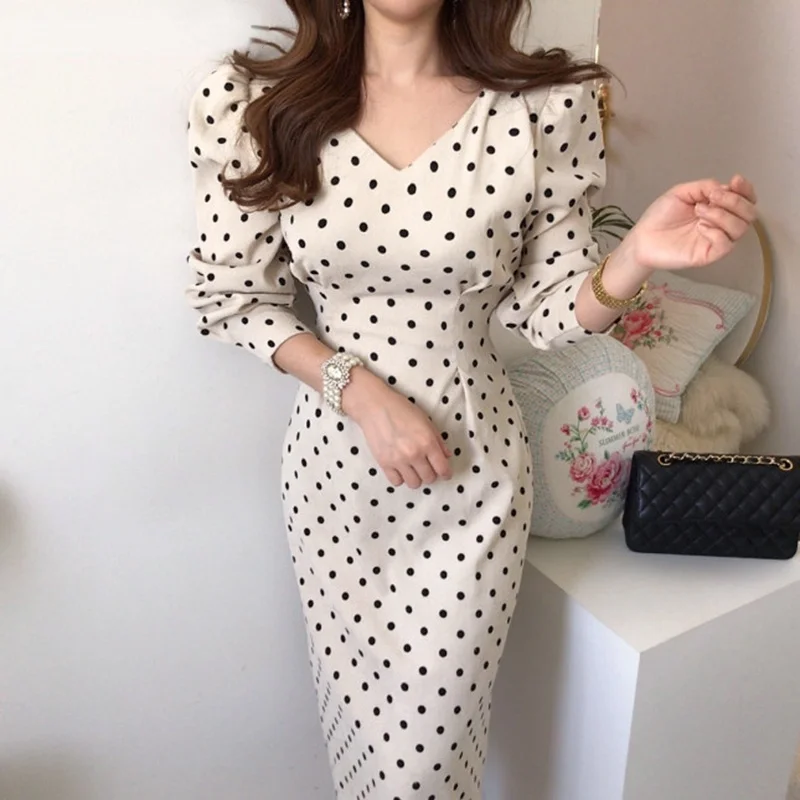 

2023 Vintage Elegant Polka Dot Women Long Dress Spring Autumn New Fashion Long Sleeves Dresses V Neck Slim Lace Up Vestidos