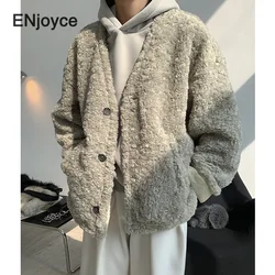 Autumn Winter Lamb Wool Sheepskin Fleece Coat Women Casual Loose Thicken Jacket Female Collarless Wide Leg Warm Outerwear