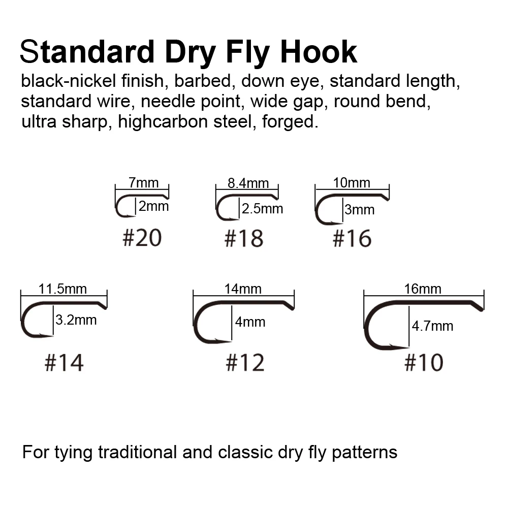 20PCS/lot Standard Dry Fly Hook Fly Tying Barbed Hooks for Traditional Classic Dry Fly Patterns