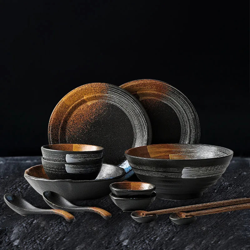 KINGLANG Japanese Dinner Set Ceramic Retro Japanese Tableware Set Frosted Texture Bowl Dish Home Flat Plate Restaurant Hotelware